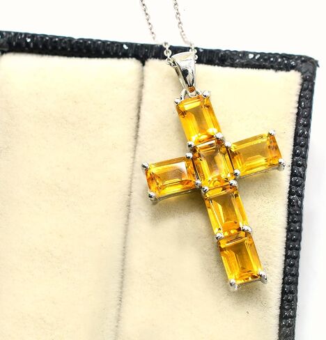 Natural Citrine 7X5 MM Octagon Gemstone 925 Sterling Silver Holy Cross Pendant Necklace November Birthstone Wedding Jewelry Bridal Gift (PD-8436) in Kuwait
