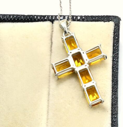 Natural Citrine 7X5 MM Octagon Gemstone 925 Sterling Silver Holy Cross Pendant Necklace November Birthstone Wedding Jewelry Bridal Gift (PD-8436) in Kuwait
