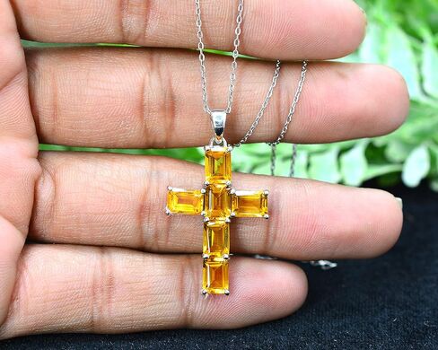 Natural Citrine 7X5 MM Octagon Gemstone 925 Sterling Silver Holy Cross Pendant Necklace November Birthstone Wedding Jewelry Bridal Gift (PD-8436) in Kuwait