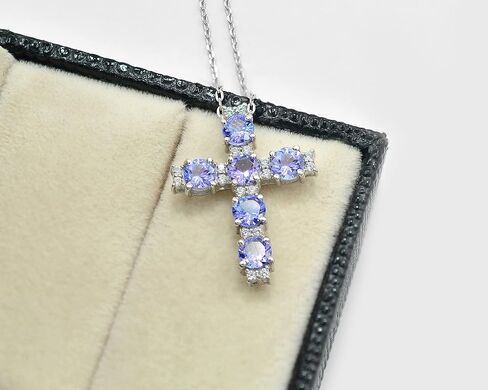 December Birthstone Natural Blue Tanzanite 4 MM Round Gemstone 925 Sterling Silver Tanzanite Jewelry Cross Pendant Necklace Christmas Gift For Girlfriend (PD-8281) in Kuwait