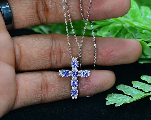 December Birthstone Natural Blue Tanzanite 4 MM Round Gemstone 925 Sterling Silver Tanzanite Jewelry Cross Pendant Necklace Christmas Gift For Girlfriend (PD-8281) in Kuwait