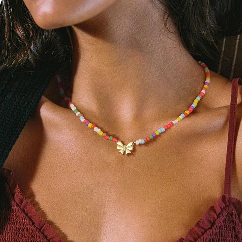 Bow Necklace for Girls, Dainty Colorful Beaded Choker Necklace for Teen Girl, Cute Gold Bow Pendant Charm Trendy Aesthetic Accessories Birthday Graduation Gifts in Kuwait