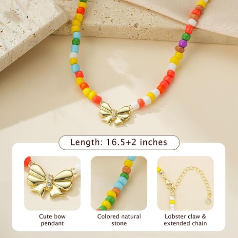 Bow Necklace for Girls, Dainty Colorful Beaded Choker Necklace for Teen Girl, Cute Gold Bow Pendant Charm Trendy Aesthetic Accessories Birthday Graduation Gifts in Kuwait