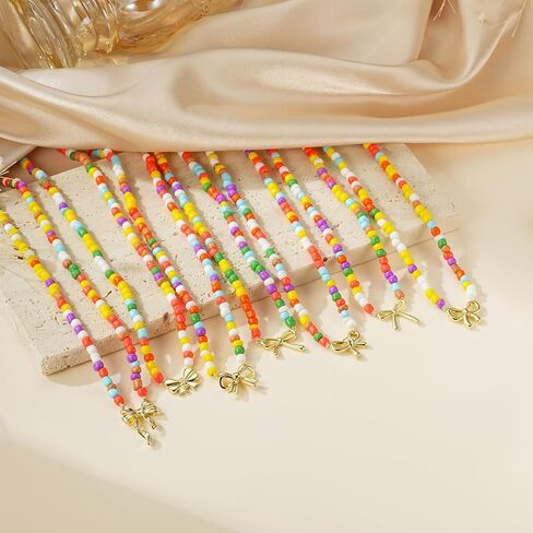 Bow Necklace for Girls, Dainty Colorful Beaded Choker Necklace for Teen Girl, Cute Gold Bow Pendant Charm Trendy Aesthetic Accessories Birthday Graduation Gifts in Kuwait