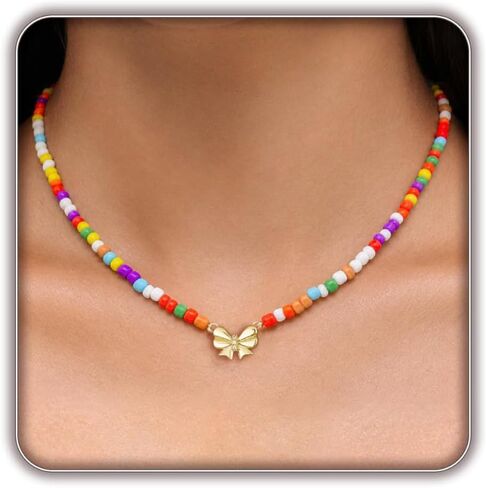 Bow Necklace for Girls, Dainty Colorful Beaded Choker Necklace for Teen Girl, Cute Gold Bow Pendant Charm Trendy Aesthetic Accessories Birthday Graduation Gifts in Saudi Arabia