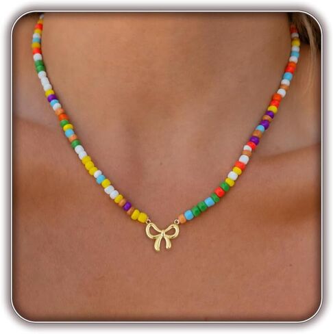 Bow Necklace for Girls, Dainty Colorful Beaded Choker Necklace for Teen Girl, Cute Gold Bow Pendant Charm Trendy Aesthetic Accessories Birthday Graduation Gifts in Kuwait