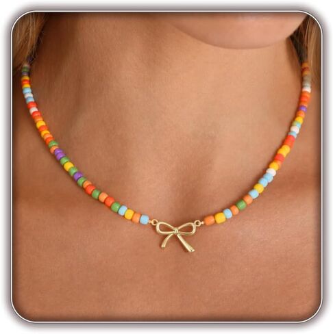 Bow Necklace for Girls, Dainty Colorful Beaded Choker Necklace for Teen Girl, Cute Gold Bow Pendant Charm Trendy Aesthetic Accessories Birthday Graduation Gifts in Kuwait