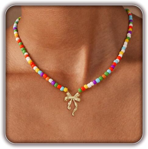 Bow Necklace for Girls, Dainty Colorful Beaded Choker Necklace for Teen Girl, Cute Gold Bow Pendant Charm Trendy Aesthetic Accessories Birthday Graduation Gifts in Kuwait
