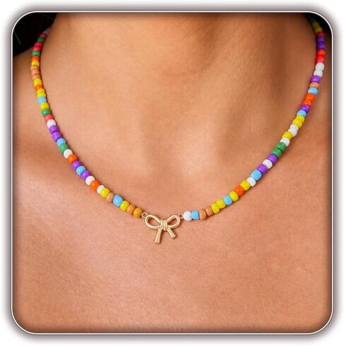 Bow Necklace for Girls, Dainty Colorful Beaded Choker Necklace for Teen Girl, Cute Gold Bow Pendant Charm Trendy Aesthetic Accessories Birthday Graduation Gifts in Kuwait