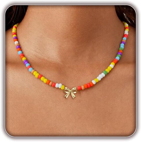 Bow Necklace for Girls, Dainty Colorful Beaded Choker Necklace for Teen Girl, Cute Gold Bow Pendant Charm Trendy Aesthetic Accessories Birthday Graduation Gifts in Kuwait