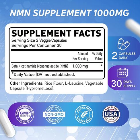 NMN 1000mg Supplement - 99.9% Purity Beta-Nicotinamide Mononucleotide for Men & Women - NAD+ Boost, Healthy Aging & Cellular Energy - 60 Veggie Capsules in Saudi Arabia