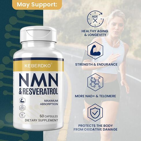 مركب NMN 1150 مجم لكل جرعة، NMN 500 مجم + ترانس ريسفيراترول 600 مجم، نقاء 99% للحصول على أقصى قدر من الامتصاص، مضاد أكسدة قوي وسريع المفعول لـ NAD+، الخلايا، الطاقة، البشرة، مكافحة الشيخوخة وطول العمر - 60 كبسولة in Kuwait