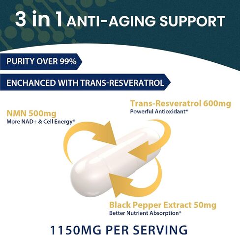 مركب NMN 1150 مجم لكل جرعة، NMN 500 مجم + ترانس ريسفيراترول 600 مجم، نقاء 99% للحصول على أقصى قدر من الامتصاص، مضاد أكسدة قوي وسريع المفعول لـ NAD+، الخلايا، الطاقة، البشرة، مكافحة الشيخوخة وطول العمر - 60 كبسولة in Kuwait