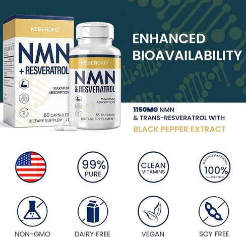 مركب NMN 1150 مجم لكل جرعة، NMN 500 مجم + ترانس ريسفيراترول 600 مجم، نقاء 99% للحصول على أقصى قدر من الامتصاص، مضاد أكسدة قوي وسريع المفعول لـ NAD+، الخلايا، الطاقة، البشرة، مكافحة الشيخوخة وطول العمر - 60 كبسولة in Kuwait