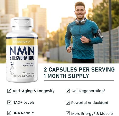 مركب NMN 1150 مجم لكل جرعة، NMN 500 مجم + ترانس ريسفيراترول 600 مجم، نقاء 99% للحصول على أقصى قدر من الامتصاص، مضاد أكسدة قوي وسريع المفعول لـ NAD+، الخلايا، الطاقة، البشرة، مكافحة الشيخوخة وطول العمر - 60 كبسولة in Kuwait