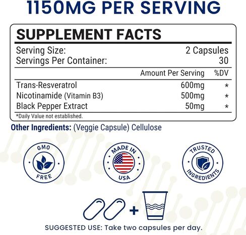 مركب NMN 1150 مجم لكل جرعة، NMN 500 مجم + ترانس ريسفيراترول 600 مجم، نقاء 99% للحصول على أقصى قدر من الامتصاص، مضاد أكسدة قوي وسريع المفعول لـ NAD+، الخلايا، الطاقة، البشرة، مكافحة الشيخوخة وطول العمر - 60 كبسولة in Kuwait
