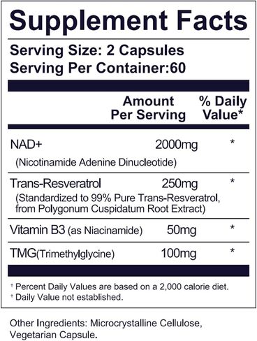 NAD+ Supplement 2000 mg - 120 Capsules True NAD+ & Resveratrol, NMN Alternative Supports Anti-Aging, Cellular Energy & Repair, Metabolism & Brain Boost for Men & Women in Saudi Arabia