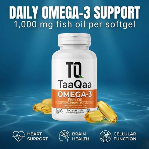 TaaQaa Omega 3 Fish Oil Supplement – Molecularly Distilled EPA DHA Softgels for Heart, Brain & Cellular Support for Adults – Halal, Non-GMO, GMP, 100 Softgels in Saudi Arabia