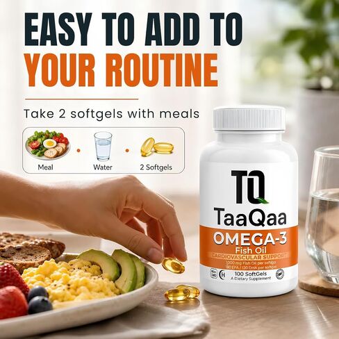 TaaQaa Omega 3 Fish Oil Supplement – Molecularly Distilled EPA DHA Softgels for Heart, Brain & Cellular Support for Adults – Halal, Non-GMO, GMP, 100 Softgels in Saudi Arabia