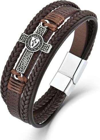 Men's Leather Cross Bracelet Vintage Celtic Knot Shield Stainless Steel Design Christian Religious Faith Crusader Warrior Multi-Layer Braided Cuff Bangle with Clasp in Saudi Arabia