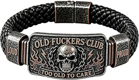 Old Fuckers Club Men's Vintage Skull Flame Biker Braided Bracelet, Too Old To Care Vintage Motorcycle Rider Wristband, Humorous Novelty Gift for Men Family and Biker Enthusiasts in Kuwait