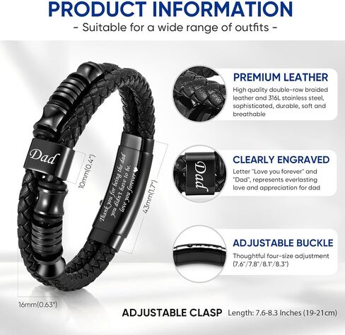 Father's Day Leather Bracelet Gift for Dad/Daddy/Papa - Adjustable Double-Row Braided Leather Bracelet for Men Birthday Anniversary Thoughtful Personalized Jewelry Gift for Men Dad form Daughter Son in Saudi Arabia