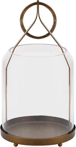 8" Wide Modern Hurricane Candle Holder with Handmade Scandinavian Glass Sleeve in Antique Brass for Pillar Candle & Plants, Hurricane Lantern Industrial, Minimalistic, Shabby Chic (1, Brass, 8"x16") in Kuwait