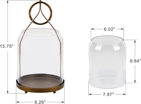 8" Wide Modern Hurricane Candle Holder with Handmade Scandinavian Glass Sleeve in Antique Brass for Pillar Candle & Plants, Hurricane Lantern Industrial, Minimalistic, Shabby Chic (1, Brass, 8"x16") in Kuwait