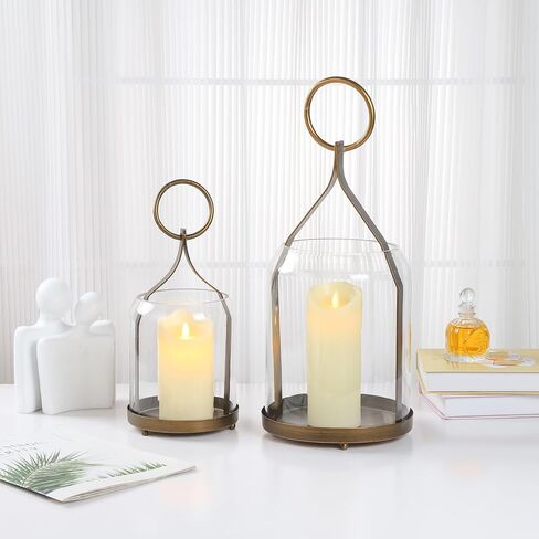 8" Wide Modern Hurricane Candle Holder with Handmade Scandinavian Glass Sleeve in Antique Brass for Pillar Candle & Plants, Hurricane Lantern Industrial, Minimalistic, Shabby Chic (1, Brass, 8"x16") in Kuwait