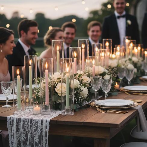 6 Set Hurricane Glass Candle Holders for Taper Candles, Assorted Heights Candlestick Holders with Windproof Glass Tubes (11.8/12.6/13.8"), Taper Candle Holders for Wedding Table Decor, Party, Events in Saudi Arabia