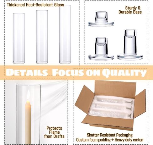 6 Set Hurricane Glass Candle Holders for Taper Candles, Assorted Heights Candlestick Holders with Windproof Glass Tubes (11.8/12.6/13.8"), Taper Candle Holders for Wedding Table Decor, Party, Events in Saudi Arabia
