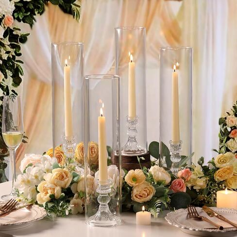 6 Set Hurricane Glass Candle Holders for Taper Candles, Vertical Striped Candlestick Holders with Windproof Glass Tubes 13.4" H for Wedding, Dinner Table Centerpieces, Festival and Party Decor in Saudi Arabia