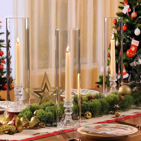 6 Set Hurricane Glass Candle Holders for Taper Candles, Vertical Striped Candlestick Holders with Windproof Glass Tubes 13.4" H for Wedding, Dinner Table Centerpieces, Festival and Party Decor in Saudi Arabia
