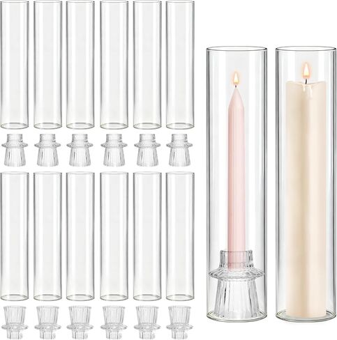 12 Set Glass Hurricane Candle Holders - 12" Tall Clear Glass Candlestick Holders for Taper Candles with Cylinder Chimney for Wedding, Party, and Home Table Centerpiece Decoration in Saudi Arabia