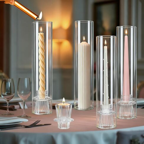 12 Set Glass Hurricane Candle Holders - 12" Tall Clear Glass Candlestick Holders for Taper Candles with Cylinder Chimney for Wedding, Party, and Home Table Centerpiece Decoration in Saudi Arabia
