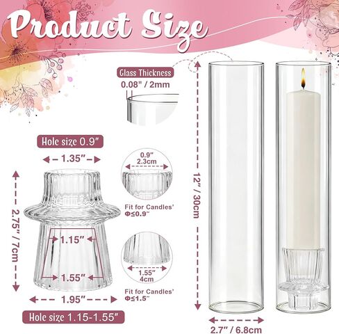 12 Set Glass Hurricane Candle Holders - 12" Tall Clear Glass Candlestick Holders for Taper Candles with Cylinder Chimney for Wedding, Party, and Home Table Centerpiece Decoration in Saudi Arabia