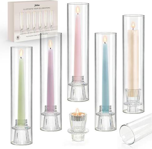12 Set Glass Hurricane Candle Holders - 12" Tall Clear Glass Candlestick Holders for Taper Candles with Cylinder Chimney for Wedding, Party, and Home Table Centerpiece Decoration in Saudi Arabia