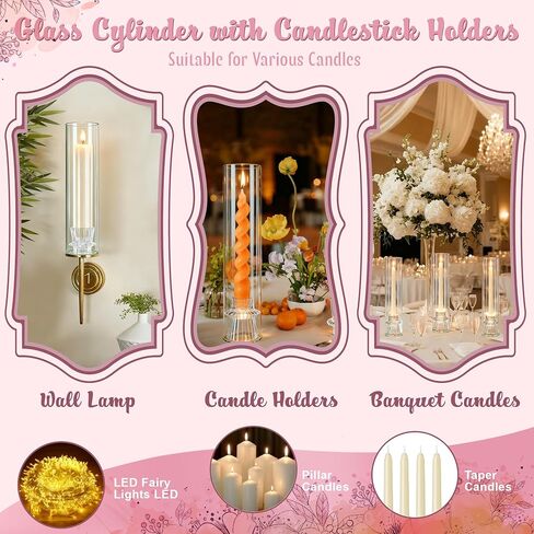 12 Set Glass Hurricane Candle Holders - 12" Tall Clear Glass Candlestick Holders for Taper Candles with Cylinder Chimney for Wedding, Party, and Home Table Centerpiece Decoration in Saudi Arabia