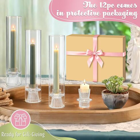 12 Set Glass Hurricane Candle Holders - 12" Tall Clear Glass Candlestick Holders for Taper Candles with Cylinder Chimney for Wedding, Party, and Home Table Centerpiece Decoration in Saudi Arabia