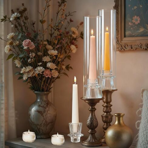 12 Set Glass Hurricane Candle Holders - 12" Tall Clear Glass Candlestick Holders for Taper Candles with Cylinder Chimney for Wedding, Party, and Home Table Centerpiece Decoration in Saudi Arabia
