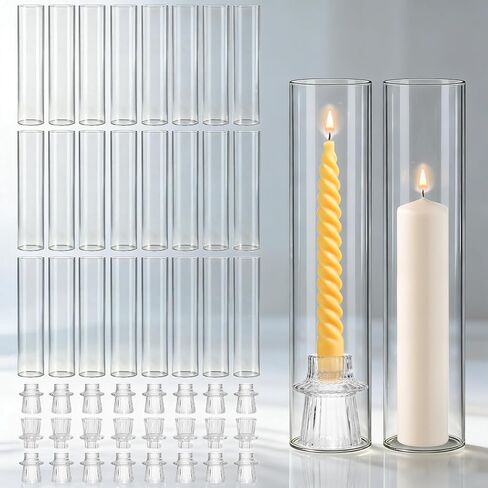 12 Set Glass Hurricane Candle Holders - 12" Tall Clear Glass Candlestick Holders for Taper Candles with Cylinder Chimney for Wedding, Party, and Home Table Centerpiece Decoration in Saudi Arabia