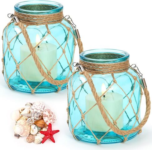 2 Set of Nautical Candle Lanterns, Coastal Beach Decor Blue Glass Jars with Rope Handle, Flameless LED Candles and Sea Shells for DIY Room Centerpiece Bathroom Ocean Decoration in Saudi Arabia