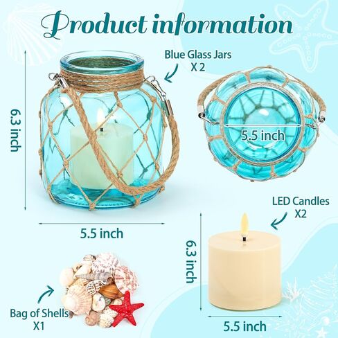 2 Set of Nautical Candle Lanterns, Coastal Beach Decor Blue Glass Jars with Rope Handle, Flameless LED Candles and Sea Shells for DIY Room Centerpiece Bathroom Ocean Decoration in Saudi Arabia