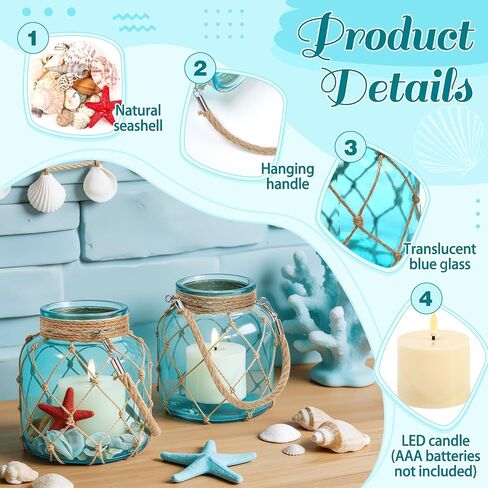 2 Set of Nautical Candle Lanterns, Coastal Beach Decor Blue Glass Jars with Rope Handle, Flameless LED Candles and Sea Shells for DIY Room Centerpiece Bathroom Ocean Decoration in Saudi Arabia