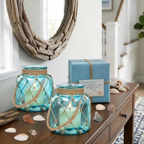 2 Set of Nautical Candle Lanterns, Coastal Beach Decor Blue Glass Jars with Rope Handle, Flameless LED Candles and Sea Shells for DIY Room Centerpiece Bathroom Ocean Decoration in Saudi Arabia