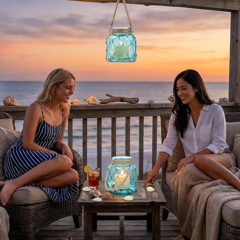 2 Set of Nautical Candle Lanterns, Coastal Beach Decor Blue Glass Jars with Rope Handle, Flameless LED Candles and Sea Shells for DIY Room Centerpiece Bathroom Ocean Decoration in Saudi Arabia