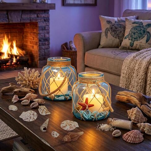2 Set of Nautical Candle Lanterns, Coastal Beach Decor Blue Glass Jars with Rope Handle, Flameless LED Candles and Sea Shells for DIY Room Centerpiece Bathroom Ocean Decoration in Saudi Arabia
