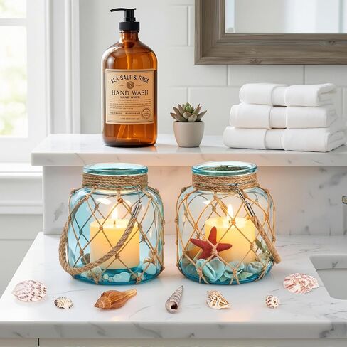 2 Set of Nautical Candle Lanterns, Coastal Beach Decor Blue Glass Jars with Rope Handle, Flameless LED Candles and Sea Shells for DIY Room Centerpiece Bathroom Ocean Decoration in Saudi Arabia