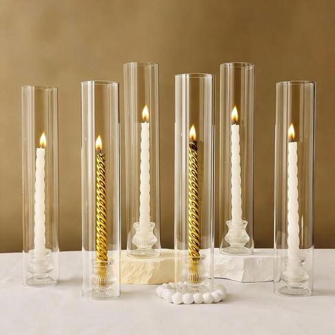 Hurricane Glass Candle Holder Set of 12 with Clear Taper Candle Holders Base - OWLREX 14" Tall Clear Glass Taper Candlestick Holders with Windproof for Wedding Table Centerpiece Home Decor in Saudi Arabia