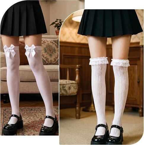 2 أزواج جوارب الدانتيل الأبيض، لطيف الفخذ عالية الأسهم طويلة فوق جوارب الركبة عالية مع القوس بسط شبكة تنفس انظر من خلال الجوارب الجوارب مكشكش للنساء ملابس تنكرية in Kuwait